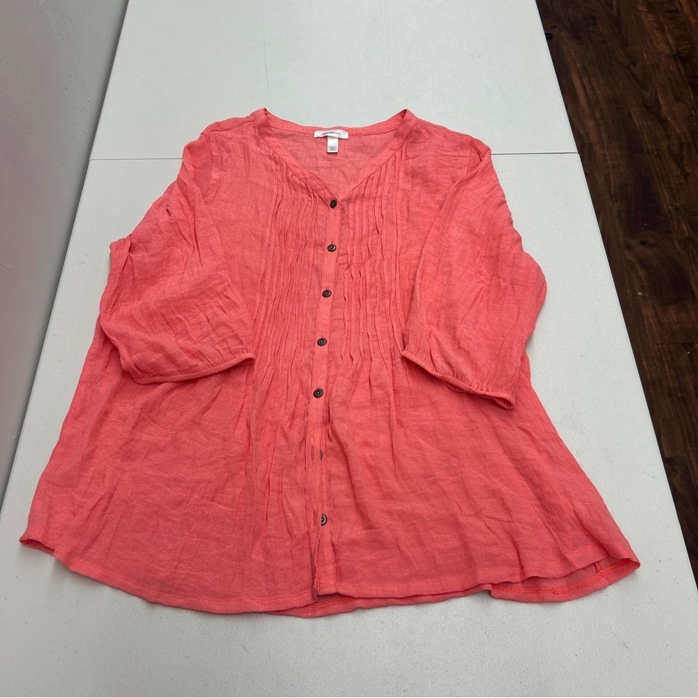 Dressbarn Orange Pink 3/4 Sleeve Mandarin Collar Blouse
